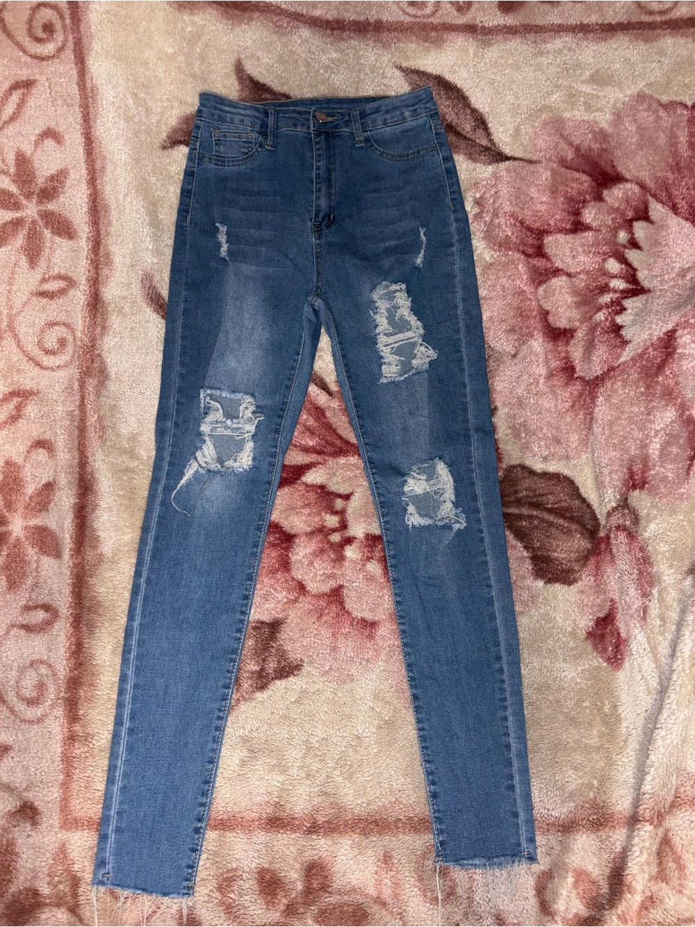 SHEIN Medium Blue Ripped High-Rise Skinny Jeans